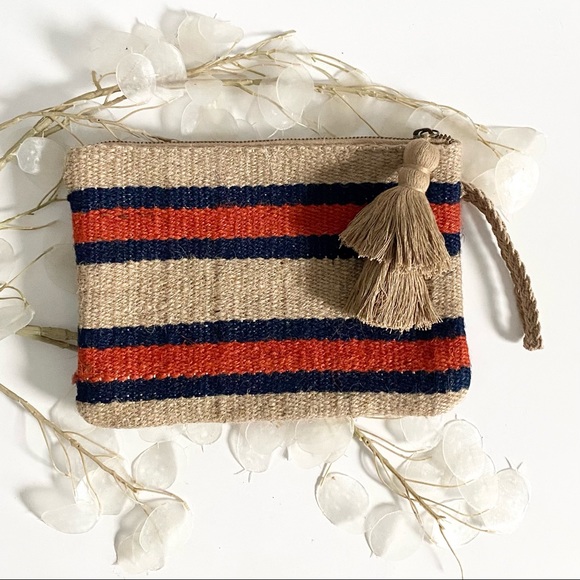 J. Jill Handbags - J Jill Blue Orange Stripe Jute Zip Clutch Wristlet Cosmetic Bag With Tassle
